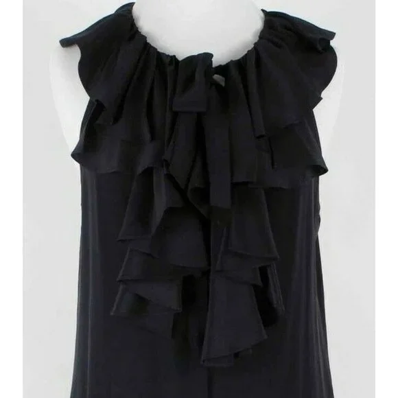 Fifteen Twenty Sz L Black Ruffle Neck Button Front 100% Silk Dress - Picture 3 of 5